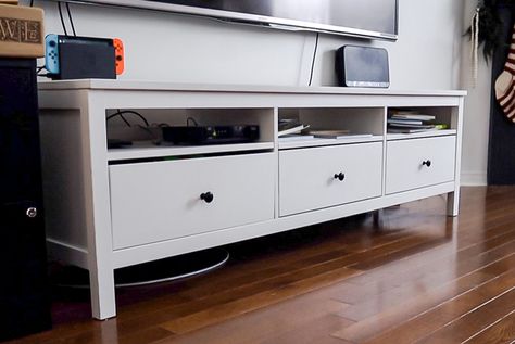 This DIY IKEA Hack is the Perfect Way to Upcycle Your Old TV Stand - HGTV Canada Hemnes Tv Unit Hack, Ikea Hemnes Tv Stand Makeover, Ikea Tv Stand Makeover, Upcycled Tv Cabinet, Repurpose Tv Stand, Hemnes Tv Stand Hack, Ikea Tv Table, Ikea Tv Unit Ideas, Repurposed Tv Stand