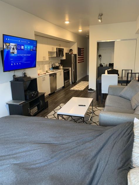 Studio Apartment Ideas For 2 People, Gray Studio Apartment Ideas, Small Studio Apt Ideas, Studio Rooms Bedrooms, Bachelor Apartment Ideas Studio Apt, Studio Set Up Apartment, Male Studio Apartment Minimalist, Small Apartments Aesthetic, Guy Studio Apartment Ideas