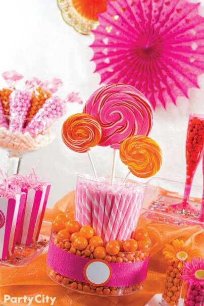 Wow! Hot pink and orange dessert table #diywedding #dessert #weddingdecor #hotpink #hotpinkwedding Yellow Table Decor, Orange Candy Buffet, Lingerie Shower Invitations, Candy Creations, Orange Birthday, Candy Display, Candy Station, Orange Party, Elmo Party