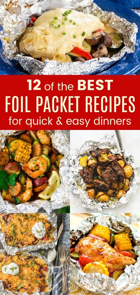 12 of the Best Foil Packet Recipes for Quick and Easy Dinners Foil Packet Recipes, Vegan Grill, Tin Foil Dinners, Campfire Meals, Steak Shrimp, Foil Pack Dinners, Foil Packet Dinners, Foil Pack Meals, Camping Dishes