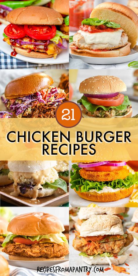 Tantalize your taste buds with these 21 chicken burger recipes! Chicken burgers are a lighter and healthier alternative to beef burgers while still delivering tons of flavor. Includes options made from ground chicken, chicken breast, or shredded chicken, plus so many different seasonings, sauces, and toppings. If you're a fan of classic combinations or crave bold and unique flavors, there's a recipe to suit your taste. Click through to get these awesome chicken burgers recipes!! #chickenburgers Ree Drummond Buffalo Chicken Burgers, Gourmet Chicken Burgers, Best Chicken Burger Sauce, Spicy Ground Chicken Burgers, Spicy Chicken Burger Recipe, Chicken Burger Topping Ideas, Homemade Ground Chicken Burgers, Shredded Chicken Burgers, Chicken Burger Toppings