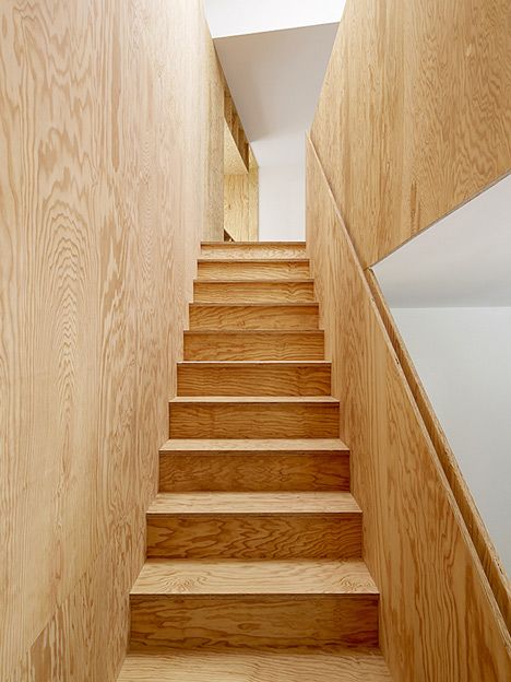 Eclépens apartment interiors with boxy wooden furniture by Big-Game Plywood Interior, Plywood Walls, Pine Plywood, Timber Panelling, Wooden Wall Panels, Plywood Panels, Wood Stairs, Interior Stairs, Wooden Design