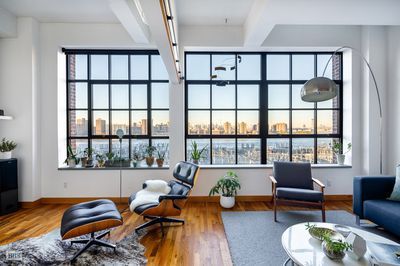 In Dumbo, an airy loft with East River views wants $1.7M - Curbed NY Nyc Apartment With View, New York City Apartment View, Apartment With Big Windows Cities, Brooklyn Bridge Apartment View, Chic Loft, Real Estate Management, Nyc Aerial View, River View, Brooklyn Apartment