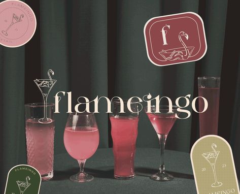 Flameingo Cocktail Bar | Brand Identity en Behance Bar Branding Ideas, Cocktail Bar Brand Identity, Cocktail Bar Branding Design, Cocktail Branding Design, Bar Branding Identity, Cocktail Bar Logo, Cocktail Bar Branding, Cocktail Branding, Cocktail App