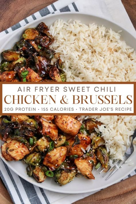 Air fryer sweet chili chicken and Brussels Sweet Chili Chicken, Chili Chicken, Healthy High Protein Meals, High Protein Meals, Macro Meals, Air Fryer Dinner Recipes, Health Dinner, Protein Meals, Air Fryer Recipes Easy