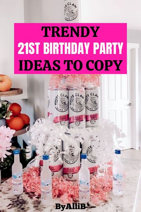 these themes and ideas were exactly what i was looking for when I was throwing my 21st birthday party Alcohol Tower, Gifts For 21st Birthday, 21st Birthday Gift Baskets, 21st Birthday Party Ideas, 21st Birthday Gifts For Girls, 21st Birthday Basket, 21st Birthday Ideas, 21st Birthday Sash, 21st Birthday Themes