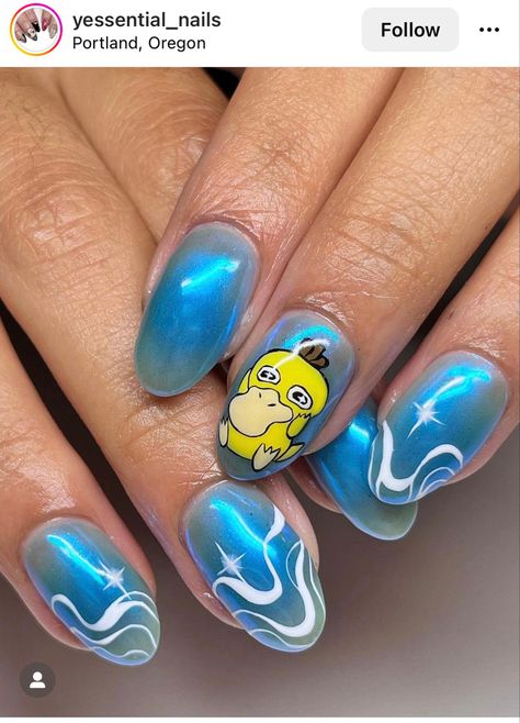 Psyduck Pikmin Nail Art, Simple Pokemon Nails, Psyduck Nails, Snorlax Nails, Pokemon Nails Designs, Hombre Nail, Orlando Nails, Pokemon Nail Art, Pokemon Nails