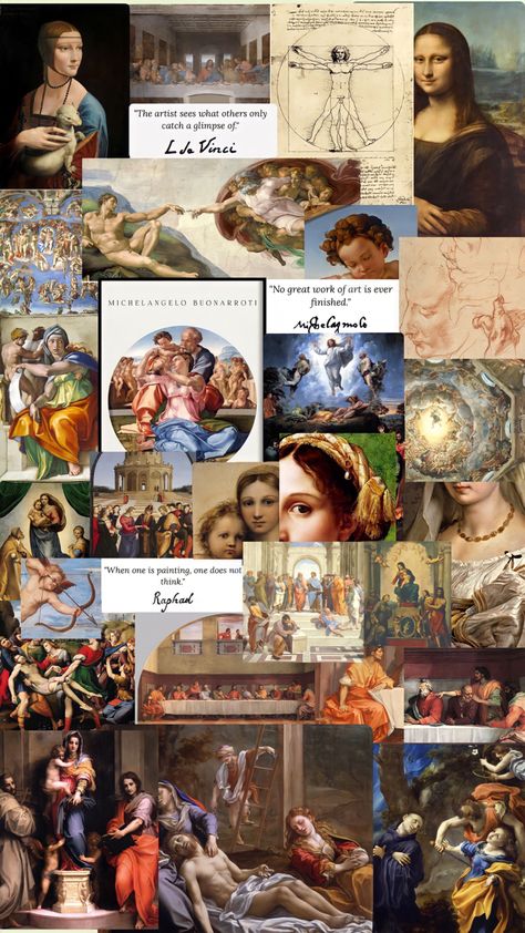 Art History Collage, Renesans Art, History Of Art Aesthetic, Art Wallpaper Landscape, Art History Wallpaper, Leonardo Da Vinci Pinturas, Art Collage Wallpaper, Art History Aesthetic, Michelangelo Artist