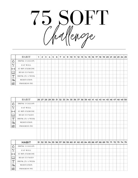 Printout for the 75 Soft fitness Challenge 75 Soft Workout Ideas, The 75 Soft Challenge, 2024 Challenge Ideas, 75 Glow Up Challenge, 75 Day Calendar, 2024 Fitness Challenge, 75 Day Mom Challenge, 75 Soft Free Printable, 75 Soft Challenge Printable Free