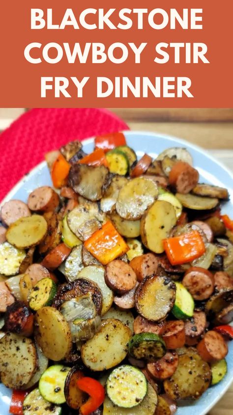 Best Blackstone Cowboy Stir Fry dinner! Made with tender chicken thighs, sausage, and hearty veggies, this stir fry is packed with bold flavors for an unforgettable outdoor meal. Perfect for fall gatherings or camping nights on the griddle! #BlackstoneGriddle #CowboyStirFry #FallCampingFood #EasyDinner" Recipes To Cook On Blackstone Griddle, Blackstone Grill Recipes Vegetarian, Flat Top Griddle Dinner Ideas, Blackstone Grill Recipes Dinner Chicken, Blackstone Grill Sandwich Recipes, Meal Prep On Blackstone, Cowboy Stir Fry Blackstone, Weight Watchers Blackstone Recipes, Indoor Griddle Recipes