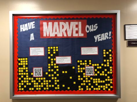 Male Ra Bulletin Boards, Character Building Bulletin Board Ideas, Spider Man Bulletin Board Ideas, Spiderman Bulletin Board, Creative Ra Bulletin Boards, Bulletin Board Ideas Ra College, Marvel Bulletin Board, Super Hero Bulletin Board Ideas, Senior Class Board Ideas