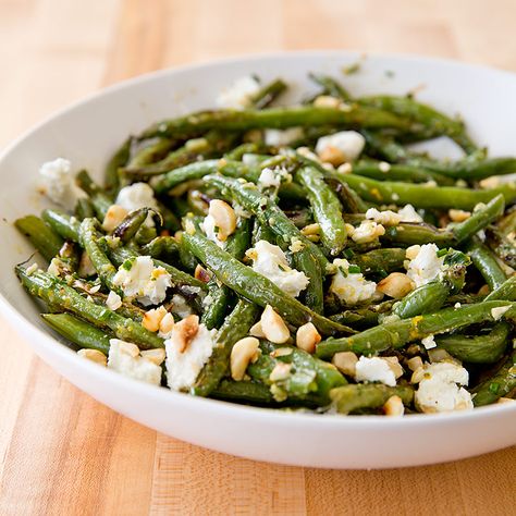 Roasted Green Beans with Goat Cheese and Hazelnuts | Cook's Country Oven Roasted Green Beans, Hazelnut Recipes, Cooks Country, Oven Rack, Roasted Green Beans, America's Test Kitchen Recipes, America's Test Kitchen, Cooks Illustrated, Green Bean Recipes