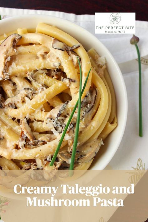 overhead view of a white bowl of swirled pasta topped with extra mushrooms and shaved cheese