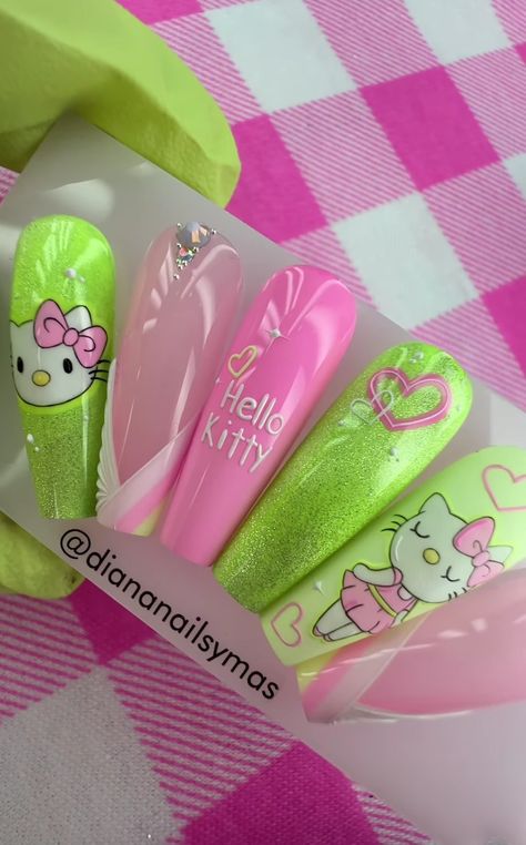 Kitty Nails, Hello Kitty Nails, Cat Nails, Pink And Green, Hello Kitty, Kitty, Nails, Green, Pink