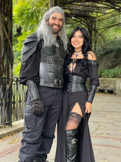 Made both of our costumes hope you enjoy! Renfest Costume Women Viking, The Witcher Couple Costume, Witcher Couple Costume, The Witcher Halloween Costume, Renfest Costume Women Fairy, Goth Ren Faire Costume, Diy Renisance Costumes, Ren Fair Couples Costumes, Medieval Party Outfit