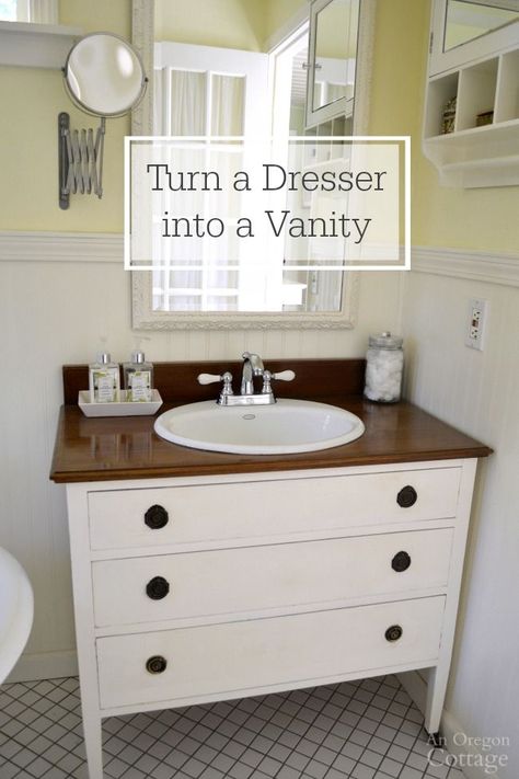 Remaking an old dresser into a vanity for your bathroom is a doable DIY project that saves money and creates a unique design statement. Click for photo tutorial, including ideas for adapting drawers. #diyproject #bathroom Dresser Vanity Bathroom, Repurposed Dresser, Diy Bathroom Makeover, Diy Bathroom Vanity, Diy Bathroom Storage, Dresser Vanity, Small Bathroom Vanities, Diy Vanity, Diy Furniture Hacks