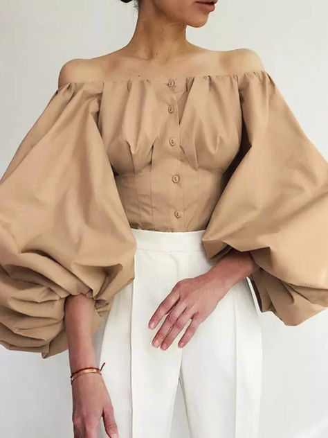 Khaki Blouse, Crop Top Styles, Lantern Sleeve Top, Lantern Sleeved Blouses, Puff Sleeve Shirt, Off Shoulder Shirt, Backless Crop Top, Retro Mode, Women Long Sleeve Tops