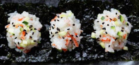 Crab and Cucumber Sushi Rice Balls Crab Rice Balls Recipe, Sushi Rice Balls Recipe, Crab Rice Balls, Crab Onigiri, Sushi Meals, Sushi Ball, Seaweed Snacks Recipes, Sushi Rice Balls, Snack Recipe Ideas