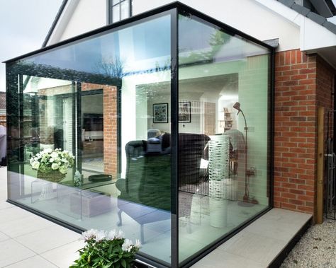 Contemporary glass box extension | Projects | IQ Glass Small Glass Extension, Glass Room Extension, Glass Box Extension, Box Extension, Small House Extensions, Glass Porch, Glass House Design, Minimal Windows, Garden Room Extensions