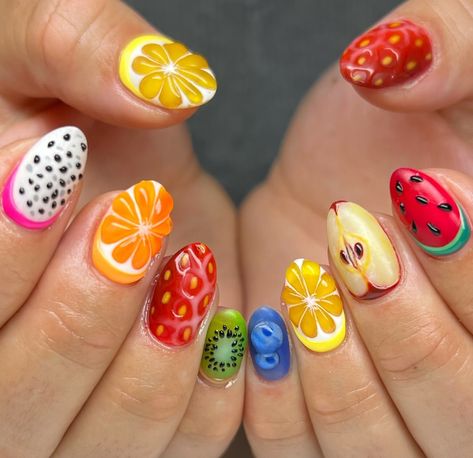 Cute Fruit Nail Designs, Fruit Nail Designs Summer, Summer Fruit Nail Art, Fruits Nail Art, Crazy Design Nails, 3d Fruit Nails, Fruit Themed Nails, Fruit Nails Design, Cute Fruit Nails