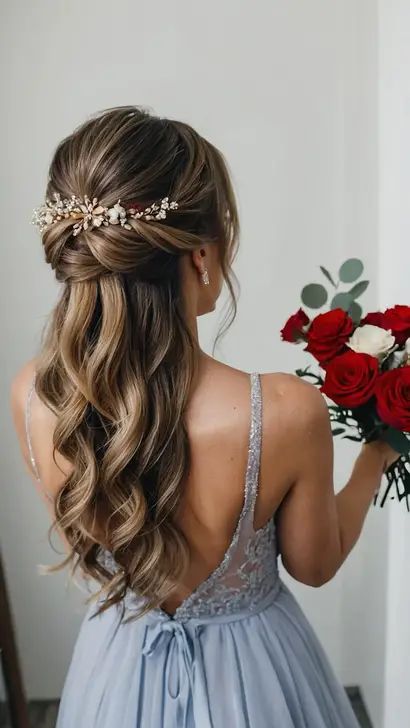 Down-to-Earth Bridesmaid Hairstyles: 15 Ideas to Shine - TecArticles Bridesmaid Fall Hairstyles, Fancy Medium Length Hairstyles, Hairdo For Bridesmaid, Fall Bridesmaid Hairstyles, Formal Hairstyle Ideas, Junior Bridesmaid Hairstyles, Fancy Hairstyles For Long Hair, Wedding Hair For Strapless Dress, Gala Hairstyle