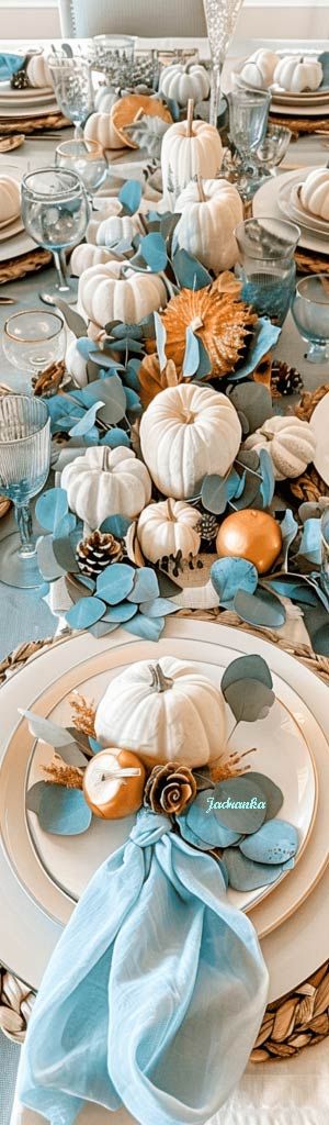 #Jadranka #BabyBlueAndNeutrals #AutumnVibes #Tablescape Blue Thanksgiving Table, Fall Dining Room Table Decor, Thanksgiving Dinner Table Setting, Blue Thanksgiving, Fall Dining Room Table, Blue Fall Decor, Magical Autumn, Thanksgiving Color, Thanksgiving Dinner Table