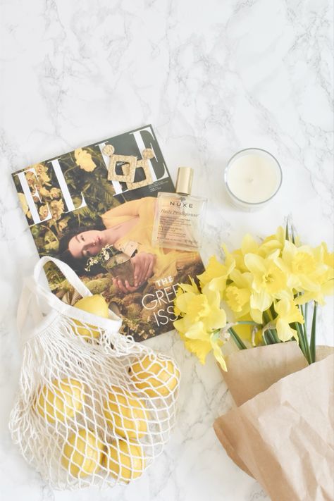 Daffodils, flowers, lemons, Elle, Elle Serbia, magazine, candle, flatlay, Nuxe, earrings, marble, yellow Flatlay Interior Design, Candles Flatlay, Magazine Flatlay, Spring Flatlay, Summer Flatlay, Flower Flat Lay, Daffodils Flowers, Shopping Photos, Bookstagram Aesthetic