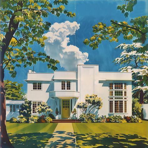 Retro House Exterior, Art Deco House Exterior, 70s House Exterior, Art Deco Houses, Art Deco House, Dystopian Art, Dutch Colonial Homes, Deco House, Sims Builds