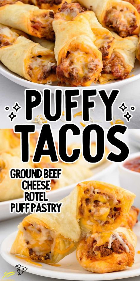 This puffy tacos recipe recreates the popular Tex-Mex favorite with airy puff pastry and savory ground beef filling. Puffy Tacos Recipe, Puffy Tacos, Healthy Hamburger, Dinner Sandwich, Hamburger Meat, Ground Beef Recipes For Dinner, Dinner Healthy, Puff Pastry Recipes, Beef Recipes Easy