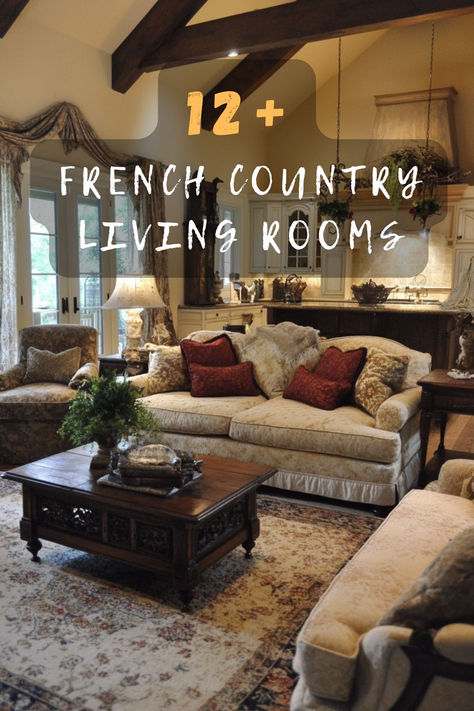 Planning a cozy retreat in your home? Click for 12 French country living room ideas that blend rustic charm with modern elegance! 🌿🛋️ #FrenchCountry #LivingRoomDecor #RusticCharm #ModernElegance #HomeStyle French Country Couches, French Farmhouse Family Room, French Country With Dark Wood, Organic Modern French Country, French Country Blue Living Room, French Cottage Living Room Ideas, French Country Modern Living Room, Elegant French Country Decorating, Provence Living Room