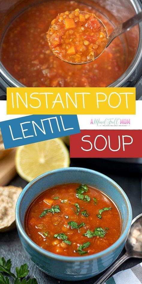 This Lentil Soup is anything but bland and boring! This simple Instant Pot lentil soup recipe comes together quickly with basic pantry ingredients. It is a hearty, vegan friendly soup that is full of flavor. This easy Instant Pot Soup recipe makes a perfect healthy dinner recipe. Hearty Winter Recipes, Instant Pot Lentil Soup, Best Lentil Soup Recipe, Comfort Dinner, Lentil Soup Recipe, Vegan Lentil Soup, Instant Pot Soup Recipes, Lentil Soup Recipes, Instant Pot Soup