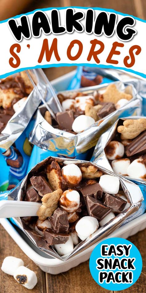 Walking S'mores is a mess-free twist on the campfire dessert. Stuff snack bags Teddy Grahams with pudding, mini marshmallows, and Hershey bars. No flame needed! Campfire Themed Snacks, Walking Smores Dessert, S'more Activities For Preschoolers, S’mores Without A Campfire, No Mess Smores, S'mores In A Bag Camping, Camp Out Snacks, Camping Theme Treats, Walking Dessert Tacos