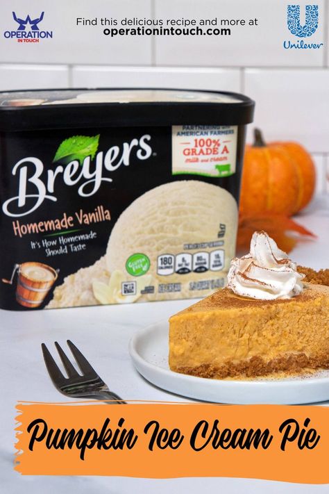 It's National Cinnamon Day, so enjoy with this festive and tasty recipe for Pumpkin Ice Cream Pie from @breyers! Creamy and velvety, it's a delicious take on a classic. Tap the link below for the recipe and then head to @yourcommissary for the ingredients! @UnileverUSA #pumpkin #recipe #food #commissary #deca #dessert #delicious #icecream #military Pumpkin Pie Made With Vanilla Ice Cream, Pumpkin Ice Cream Pie Recipe, Thanksgiving Ice Cream Desserts, Pumpkin Pie Ice Cream Cake, Ice Cream Pumpkin Pie, Pumpkin Pie Ice Cream Recipe, Thanksgiving Ice Cream, Pumpkin Ice Cream Pie, Ice Cream Pumpkin