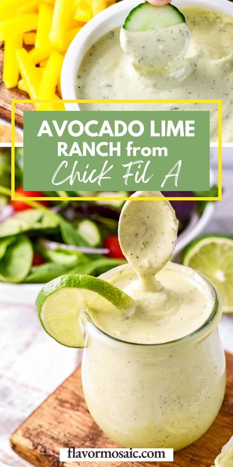 You're going to love this copycat Avocado Lime Ranch from Chick Fil A! This Chick Fil A copycat recipe tastes just like the original. This easy homemade salad dressing makes the perfect veggie dip, chip dip, or salad dressing! This tangy dressing can be used for almost anything. Click through to the blog for all the details! Spicy Avocado Ranch Dressing, Avacodo Ranch Recipes, Guacamole Dressing Recipe, Chick Fil A Avocado Lime Ranch Dressing, Chic Fil A Avocado Lime Ranch Dressing, Easy Taco Salad Dressing, Avocado Lime Ranch Dressing Chick Fil A, Avocado Ranch Dipping Sauce, Chick Fil A Avacodo Lime Ranch Dressing