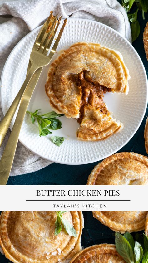 Butter Chicken Pie Recipe, Butter Chicken Pie, Chicken Meat Pie Recipe, Chicken Pasties, Homemade Butter Chicken, Chicken Hand Pies, Puff Pastry Pie, Chicken Pies, Chicken Pie Recipe