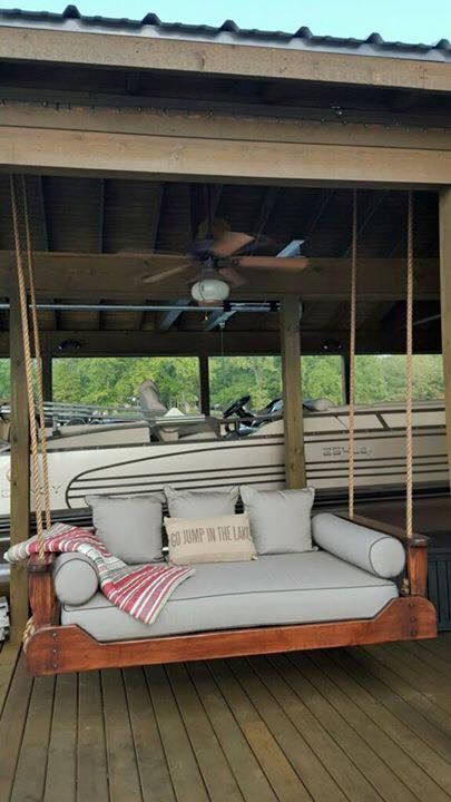 Custom bedswings for your boat dock. bradfordswings.com Long Dock Ideas, Lake Dock Lighting Ideas, Lake Deck Ideas Boat Dock, Lake Boat Dock Ideas, Small Docks On The Lake Ideas, Small Boat Dock Ideas, Lake Dock Accessories, Lake Dock Decor, Boat Launch Ideas