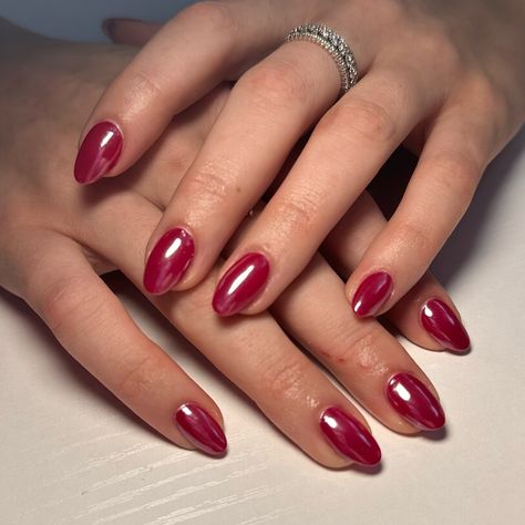 Great minds think alike! And all of our minds are on fall🍂 Gonna be so into darker chrome combos this year #nails #nailart #naildesigns #nailsofinstagram #nailsnailsnails #nailsmagazine #nailsonfleek #nailstyle #nailtrends #nailartist #nailinspo #fallnails #chromenails #almondnails Red Almond Nails With Chrome, Red Donut Glaze Nails, Cranberry Nails With Chrome, Cherry Coke Nails Chrome, Berry Jelly Nails, Red Chrome Nails Acrylic, Cherry Chrome Nails Designs, Fall Red Chrome Nails, Frosted Cranberry Nails