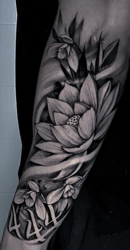 Black And White Water Lily Tattoo, Water Lily Tattoo Black And White, Lilly Pad Tattoo Ideas, Waterlily Tattoo Design, Lotus Flower Arm Tattoo, Larkspur And Water Lily Tattoo, Water Lily Tattoo Design, Lilly Tattoos, Waterlilly Tattoo