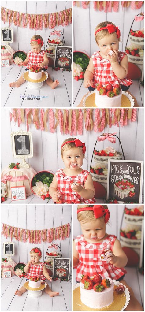 Miss E’s Summer Strawberry Cake Smash | Brandi Thompson Photography - Plano DFW Maternity, Newborn, & Cake Smash Smash Cake Photoshoot Strawberry, 1st Birthday Photo Shoot Ideas Strawberry, Strawberry Theme First Birthday Pictures, Berry Sweet Photoshoot, Strawberry 6 Month Pictures, Berry One Smash Cake, Small Strawberry Smash Cake, Strawberry Themed 1st Birthday Smash Cake, June First Birthday Girl