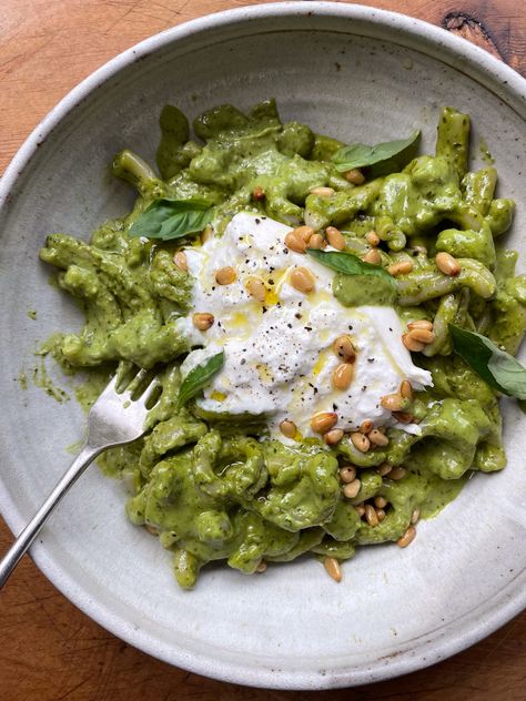 Trader Joe’s Pesto Pasta, Pesto Homemade Recipes, Creamy Pesto Recipe, Pesto Pasta With Burrata, Pesto Burrata Pasta, Best Pesto Pasta Recipe, Pesto Dinner Recipes, Creamy Basil Pasta, Pasta Pesto Recipes