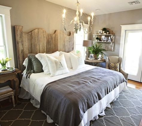 rustic chic bedroom. The light is hung way too low, in fact the light HAS to GO! but i do Love the bed, the linens and such. Pretty neat space but would like it more rustic modern and not as country chic. Rustic Chic Bedroom, Creative Headboard, Taupe Walls, Cottage Bedroom, Chic Heels, Dreamy Bedrooms, Rustic Bedroom, Style At Home, Beautiful Bedrooms