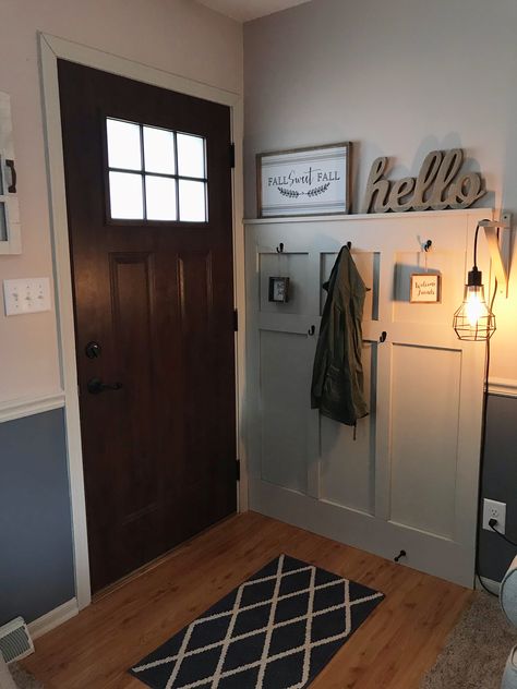 Home Doorway Entryway, Single Wide Entry Way, Wall Next To Door Decor, Behind Front Door Decor Small Spaces, Front Door Opens To Stairs Entry Ways, Behind Door Entryway Ideas, Small Entryway Behind Door, Small Entryway Behind Front Door, Behind The Door Entryway Ideas