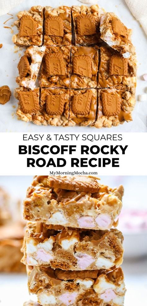 Quick Biscoff Dessert, Easy Tray Bake Recipes, Biscoff Rocky Road Recipe, No Bake Traybake Recipes, Lotus Biscoff Recipes, Biscoff Rocky Road, Traybake Recipes, Traybake Cake, Slice Recipes