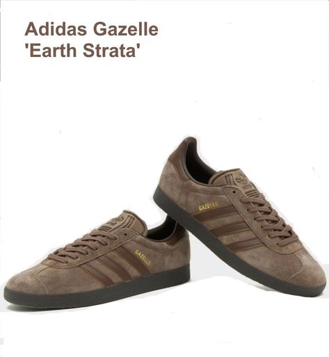 A new release from Adidas, the Gazelle Earth Strata, finished in brown suede with dark brown leather /// trim, available now from Size shops or online Adidas Gazelle Brown, Adidas Og, Vintage Trainers, Football Casuals, Girly Shoes, Casual Friday, Adidas Gazelle, New Release, Dark Brown Leather