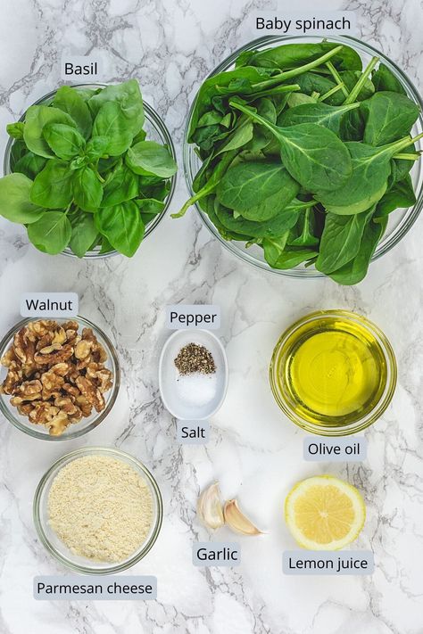 Spinach Pesto Recipe (With Basil) - Spice Up The Curry Spinach Basil Pesto Pasta, Spinach Basil Pesto Recipe, What To Make With Spinach, Spinach Pesto Recipe, Upper Workout, Pesto Tortellini Salad, Recipe With Basil, Spinach Basil Pesto, Basil Pesto Recipe