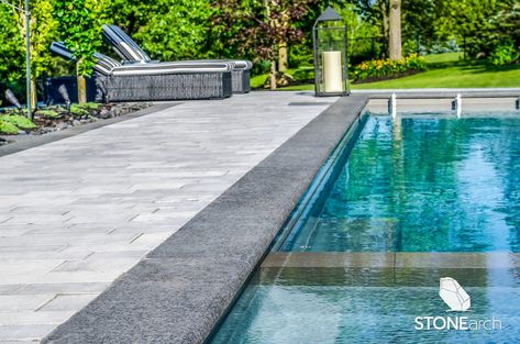 Pool Stone And Tile Ideas, Pool Deck Stone, Stone Around Pool, Pool Deck Tile, Stone Pool Deck, Pool Concrete, Pool Decking Concrete, Stone Pool Coping, Concrete Pool Deck