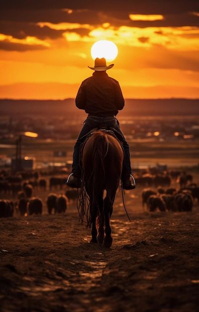 Un vaquero monta un caballo con el telón... | Premium Photo #Freepik #photo #horizonte #rancho #paisaje-sol #aventura Horse Wallpaper, Cowboys And Indians, Cowboy Art, Western Cowboy, Old West, Western Wear, Rodeo, Cowboy, Iphone Wallpaper