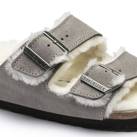 Arizona Shearling Suede Leather Stone Coin | BIRKENSTOCK Birkenstock Stone, Grey Birkenstocks, Birkenstock Shearling, Birkenstock Style, Birkenstock Women, Birkenstock Sandals, Buckle Shoes, Birkenstock Arizona, Suede Sandals