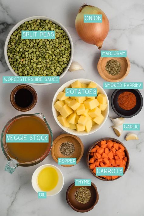 Vegan Split Pea Soup Stove Top, Pea Soup Crockpot, Green Split Pea Soup, Vegan Split Pea, Vegetarian Split Pea Soup, Vegan Split Pea Soup, Split Pea Soup Recipe, Comforting Dinner, Vegan Worcestershire Sauce