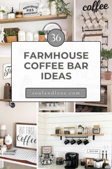 Create a mood-boosting coffee station with farmhouse coffee bar ideas that blend rustic charm with daily functionality. Use a vintage or reclaimed wood table as the base for your coffee bar, adding character and warmth. Install floating shelves above for mugs and jars filled with coffee beans, showcasing your collection. Add a chalkboard sign for a playful touch, perfect for writing daily quotes or the coffee menu. Incorporate galvanized steel or mason jar containers for sugar and creamers, and Shelf For Coffee Station, Floating Shelves Kitchen Coffee Bar, Coffee Bar Buffet Table, Coffee Bar Shelving, Vintage Coffee Station, Farmhouse Coffee Bar Ideas, Bar Wall Ideas, Coffee Bar Setup, Bar Shelf Ideas